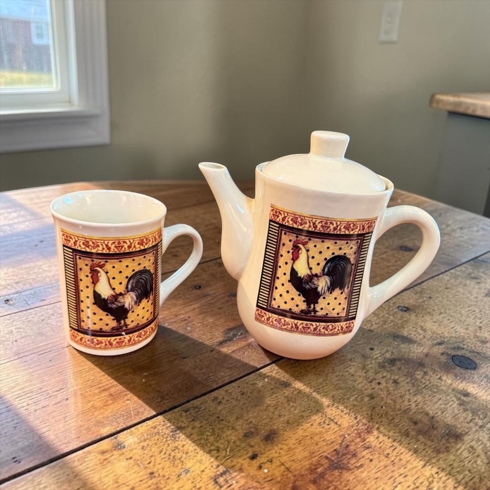 Vintage Bay Island Inc Rooster Teapot Mug Set Farmhouse Cottagecore Stoneware
